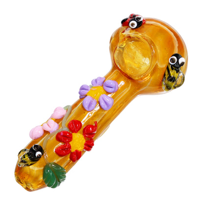 6 in - Fancy Hand Pipe Spoon Glass Flowers and Lady Bugs