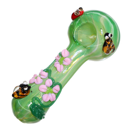 6 in - Fancy Hand Pipe Spoon Glass Flowers and Lady Bugs