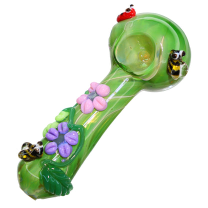 6 in - Fancy Hand Pipe Spoon Glass Flowers and Lady Bugs