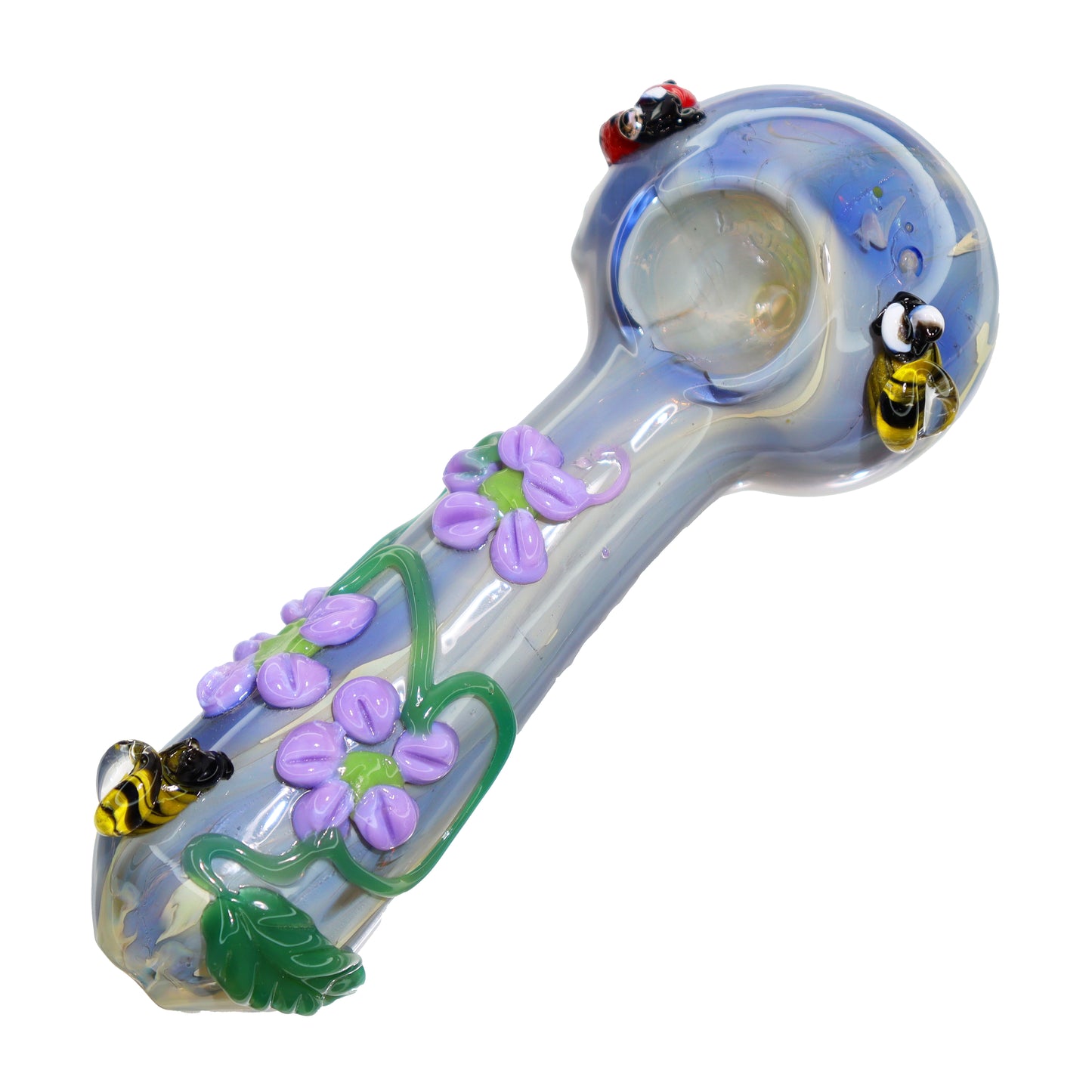 6 in - Fancy Hand Pipe Spoon Glass Flowers and Lady Bugs